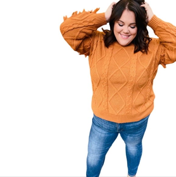 Haptics Orange Cable Knit Sweater with Fringe - Picture 3 of 5